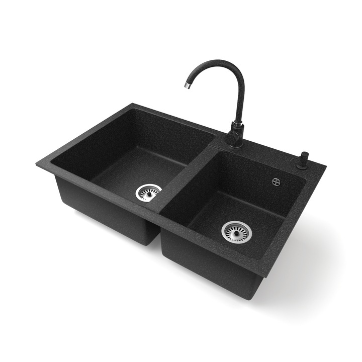 Nero Palazzo, Gránit mosogató szett, magasított csapteleppel, adagolóval és szifonnal, 80 cm, Fekete
