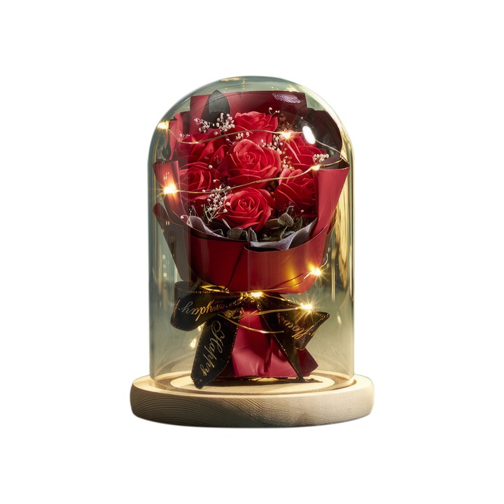 Set 7 trandafiri cu lumini LED, abajur din sticla, baza din lemn, pentru mama, sotie, iubita, fata, cadou aniversar, rosu