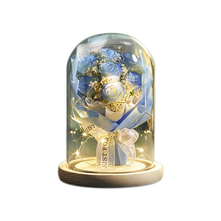 Set 7 trandafiri cu lumini LED, abajur din sticla, baza din lemn, pentru cadouri aniversare, cadouri aniversare, albastru