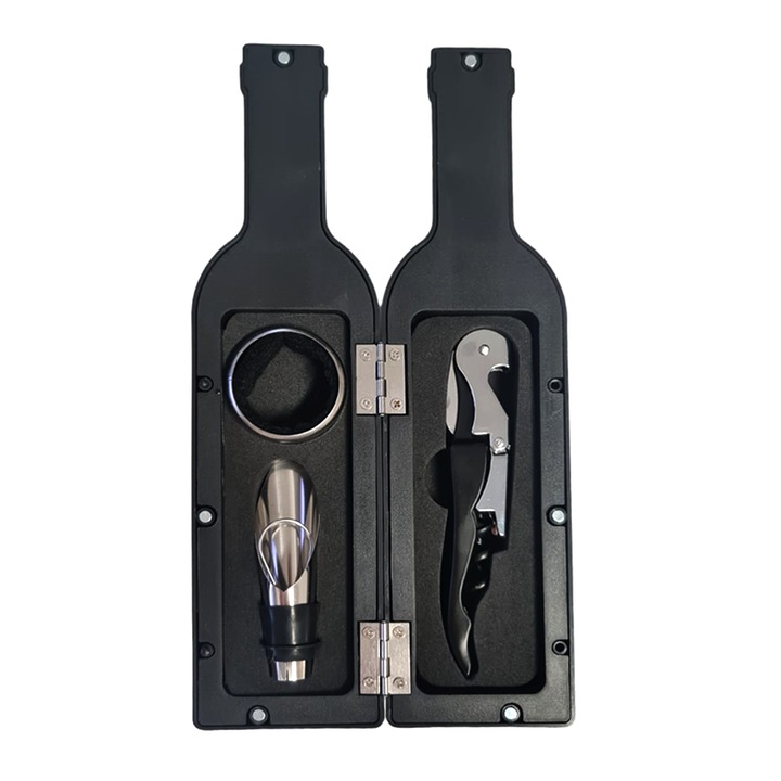 Set SIKS Accesorii Vin, 3 Piese Incluse, Ambalaj Sticla De Vin, Negru
