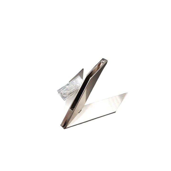 VENITIVO® névjegykártya tartó irodába, rozsdamentes acél, futurisztikus forma mágneses gemkapcstartóval, csúszásmentes talppal, méretek Hossz x szélesség x magasság 10 cm x 10 cm x 5 cm, ezüst