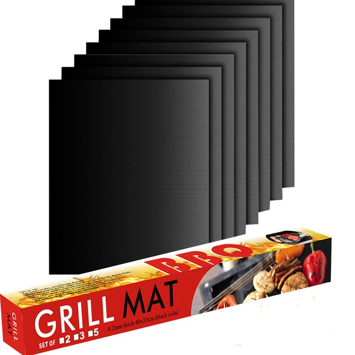 8 db-os grillfólia készlet, hosszan húzható, újrafelhasználható, hőálló, 33 x 40 cm, fekete