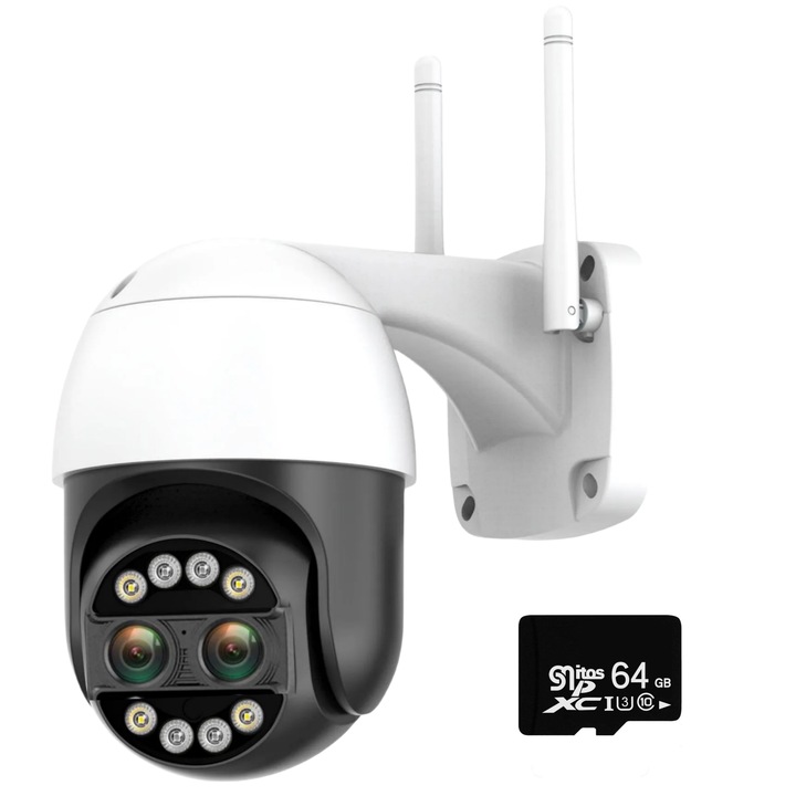 Камера за наблюдение MOSMAOO® WIFI, двойни лещи, 8MP, 8X увеличение, AI откриване на хора, нощно виждане, откриване на движение, двупосочна комуникация, вътрешно съхранение и облак, с 64GB карта с памет, бял