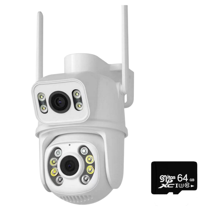 MOSMAOO® двойна WIFI камера за наблюдение, вътрешна/външна, 6MP, ultra HD, 5X увеличение, ротация, двупосочна комуникация, аларма, сензор за движение, с 64 GB карта памет, бял