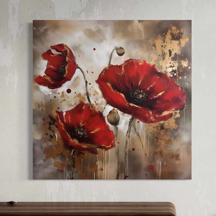 Tablou Canvas Premium, LuxCanva® A1429, Red Poppies, 50 X 50 CM, Panza Bumbac 100% 400g/m2, Sasiu Lemn, Room, Flori, Maci, Camp, Decorativ, Living, Culori Vibrante