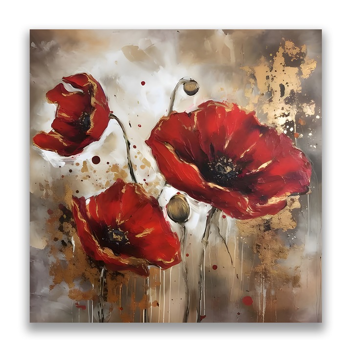 Картина на платно, LuxCanva® A1429, Червени макове, 90 X 90 CM, 100% памучно платно 400g/m2, Дървена рамка, Стая, Цветя, Макове, Поле, Декоративна, Всекидневна, Живи цветове