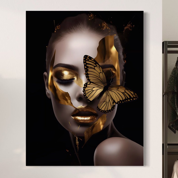 Премиум картина върху платно, LuxCanva® A1433, Златна пеперуда, 100 X 135 СМ, 100% памучно платно 400 г/м2, дървена рамка, декоративна, жена, златна, хол, ярки цветове