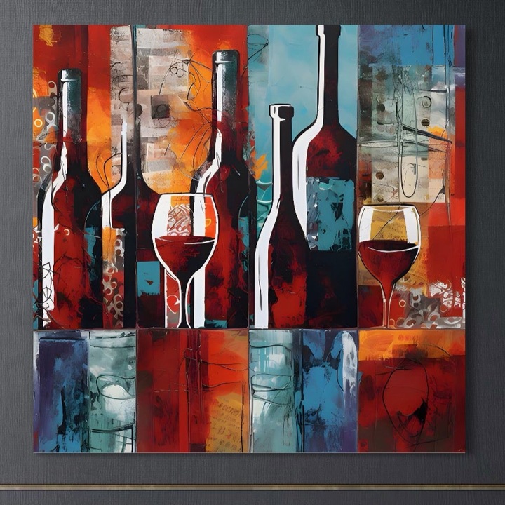 Премиум Канава Картина, LuxCanva® A1434, Червено Вино, 100 X 100 CM, 100% Памучно Платно 400гр/м2, Дървена Рамка, Декоративен, Вино, Чаша, Бар, Бутилка, Ярки Цветове