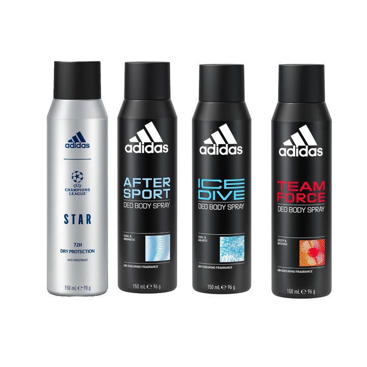 Комплект от 4 x Adidas Variety спрей дезодоранти против изпотяване 150 ml, 1x Star Dry Protection, 1x After Sport, 1x Ice Dive, 1x Team Force, Anti-White Marks, 48 часа