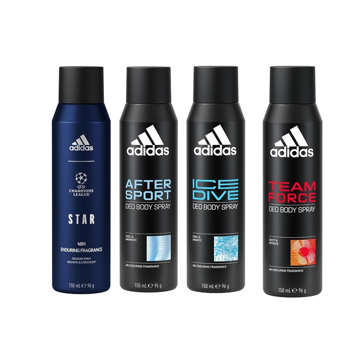 Комплект от 4 x Adidas Variety спрей дезодоранти против изпотяване 150 ml, 1x Star Enduring Fragrance, 1x After Sport, 1x Ice Dive, 1x Team Force, Anti-White Marks, 48hrs