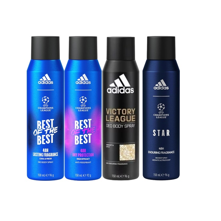 Комплект от 4 X Adidas Variety спрей дезодоранти против изпотяване 150 ml, 1x Best of the Best High Efficacy, 1x Best of the Best Cool&Fresh, 1x Victory League, 1x Star Enduring Fragrance, Anti-White Marks, 48hrs