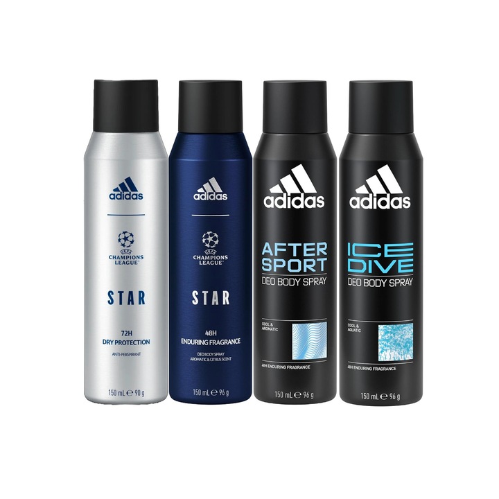 Комплект от 4 x Adidas Variety спрей дезодоранти против изпотяване 150 ml, 1x Star Enduring Fragrance, 1x Star Dry Protection, 1x After Sport, 1x Ice Dive, Anti-White Marks, 48hrs