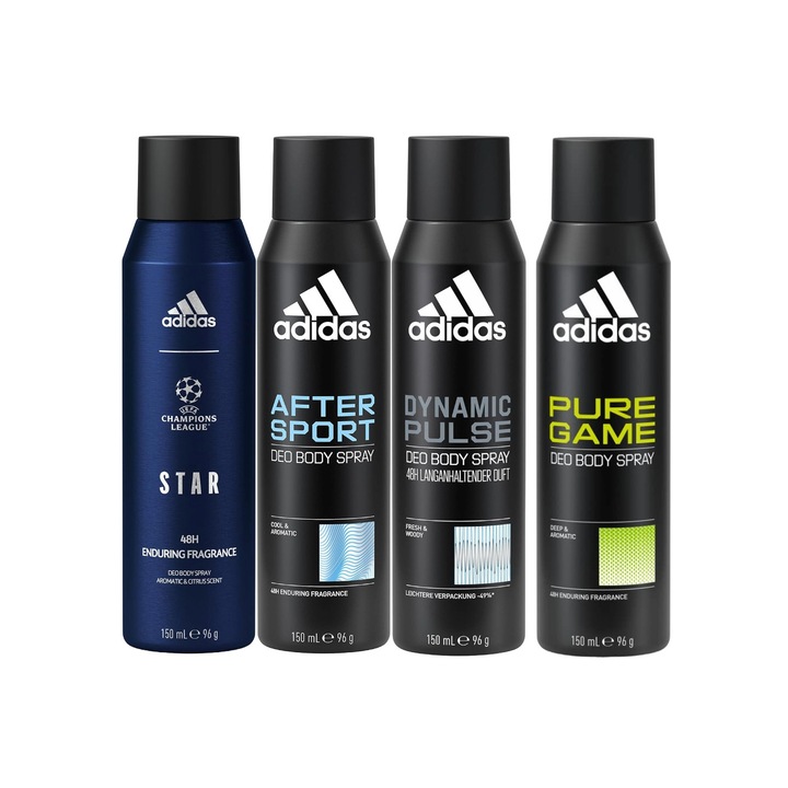 Комплект от 4 x Adidas Variety спрей дезодоранти против изпотяване 150 ml, 1x Star Enduring Fragrance, 1x After Sport, 1x Dynamic Pulse, 1x Pure Game, Anti-White Marks, 48hrs