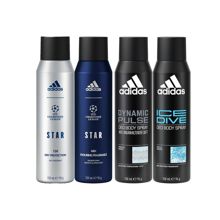 Комплект от 4 x Adidas Variety спрей дезодоранти против изпотяване 150 ml, 1x Star Dry Protection, 1x Star Enduring Fragrance, 1x Dynamic Pulse, 1x Ice Dive, Anti-White Marks, 48 часа