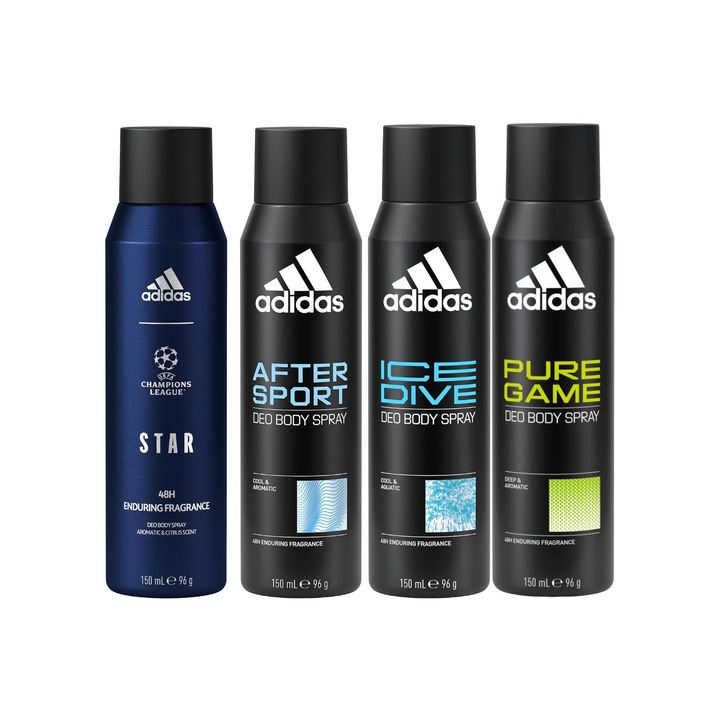 Комплект от 4 x Adidas Variety спрей дезодоранти против изпотяване 150 ml, 1x Star Enduring Fragrance, 1x After Sport, 1x Ice Dive, 1x Pure Game, Anti-White Marks, 48hrs