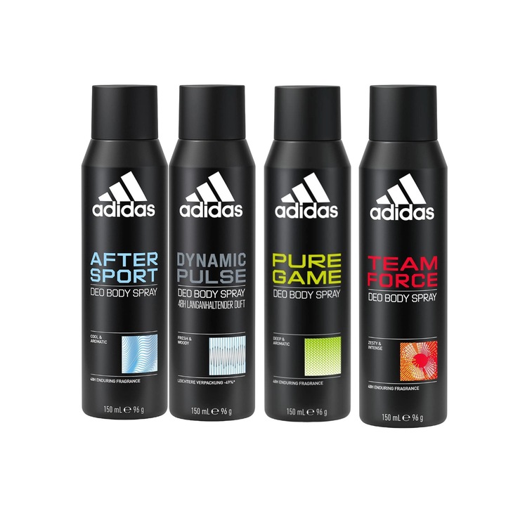Комплект от 4 x Adidas Variety спрей дезодоранти против изпотяване 150 ml, 1x After Sport, 1x Dynamic Pulse, 1x Pure Game, 1x Team Force, Anti-White Marks, 48hrs