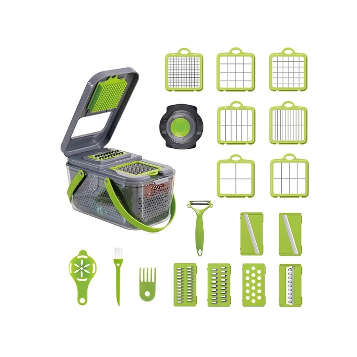 Мултифункционално ренде за зеленчуци и плодове с 22 аксесоара, остриета от неръждаема стомана, нарязване, настъргване, рязане, стъргане, сепаратор за яйца, функция гювеч, защитна дръжка, сиво/зелено