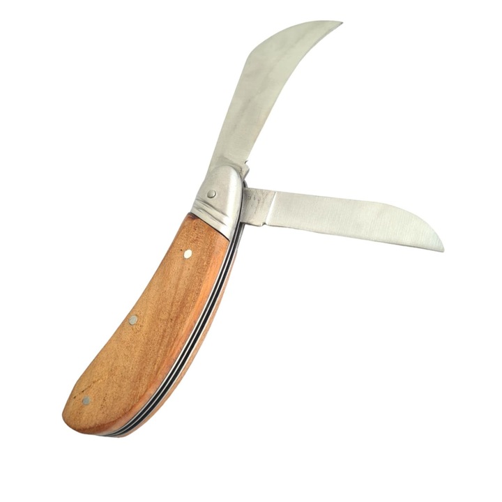 Cutit pentru altoit tip briceag cu doua lame, curbat si cosor, fete maner lemn