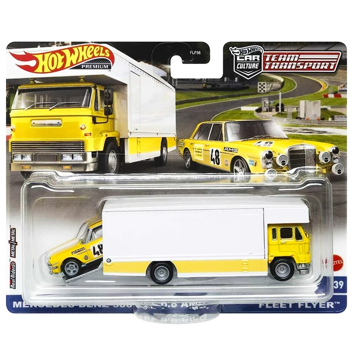 Hot Wheels Premium Cars Комплект, екипен транспорт, Mercedes-Benz 300 6.8 AMG и Fleet Flyer, 1:64, бяло и жълто