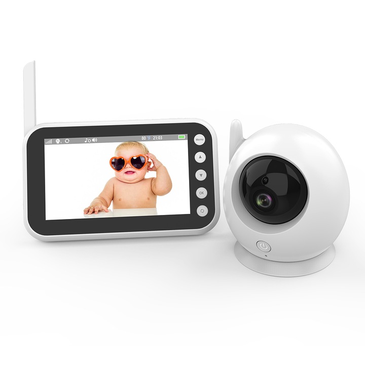 Baby Monitor Wireless StepUp™ UltraHD, LCD Display XXL 4.5 Inch, Rotire 360°, Senzor Sunet, Vedere Nocturna Infrarosu, Comunicare Bidirectional, Senzor Temperatura, 8 Cantece Leagan, Notificare Zgomot, Alarma Hranire, Raza Actiune 300m, Alb