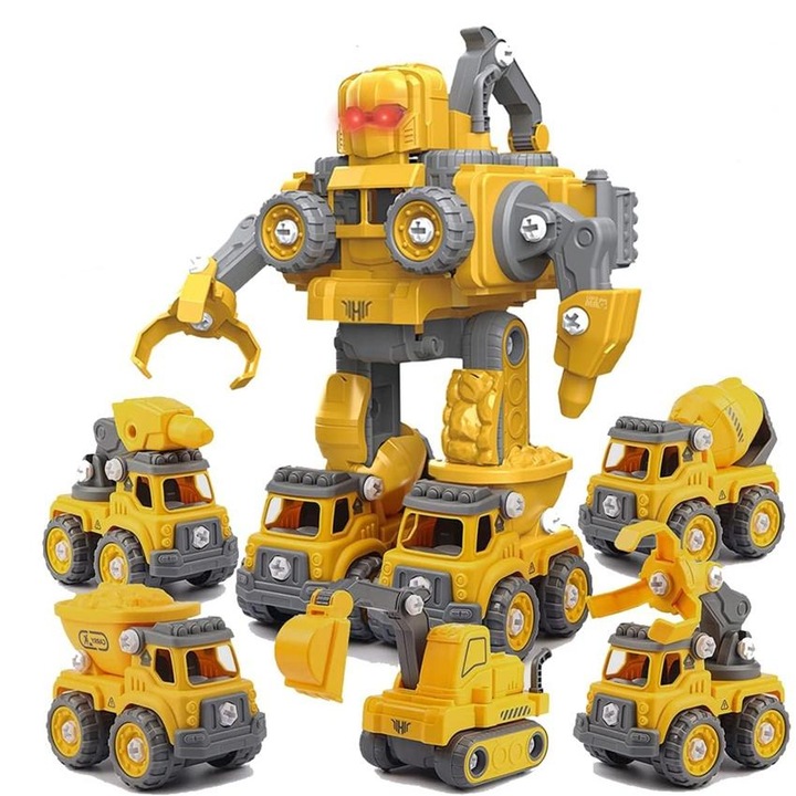 Robot Transformer DIY in 5 Utilaje de Constructii, Linomag®, Betoniera, Basculanta, Excavator, Graifer forestier, Drill, Surubelnita Inclusa, + 3 Ani, Galben, 29x15.7x23cm