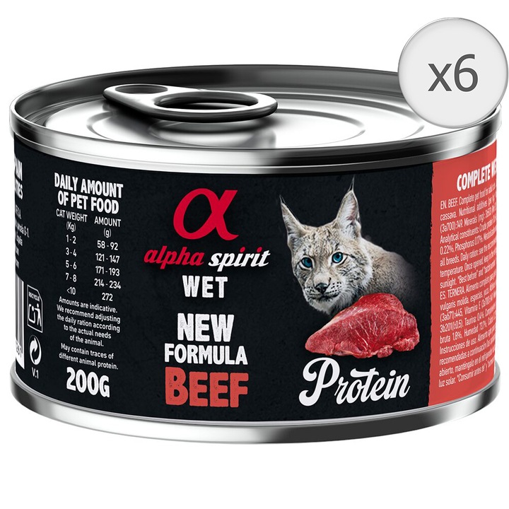 Hrana umeda premium pentru pisici Alpha Spirit, cu vita si legume, 6 x 200g