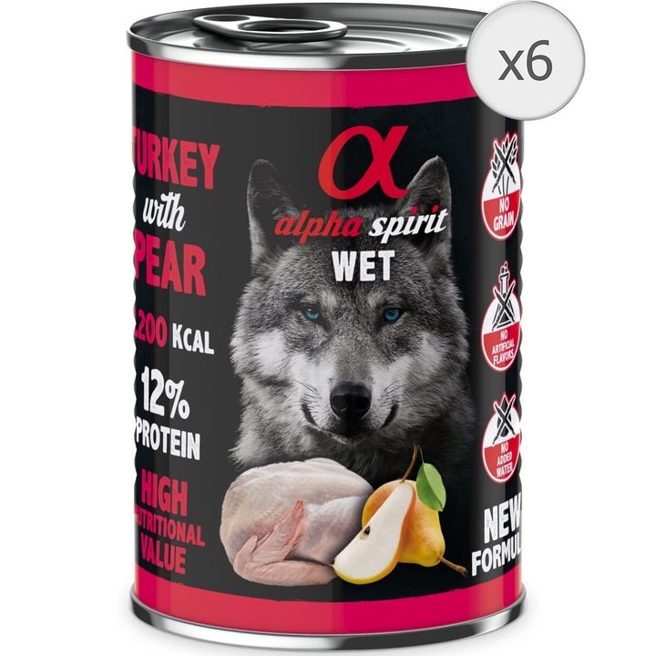 Мокра храна за кучета premium Alpha Spirit, Пуешко и круша, 6 х 400 гр