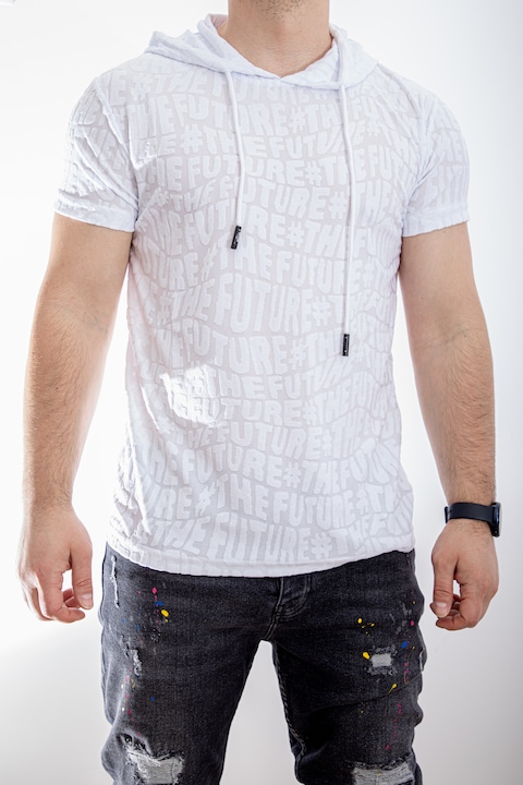Férfi póló, 9316, írott modell, kapucnival, Fehér