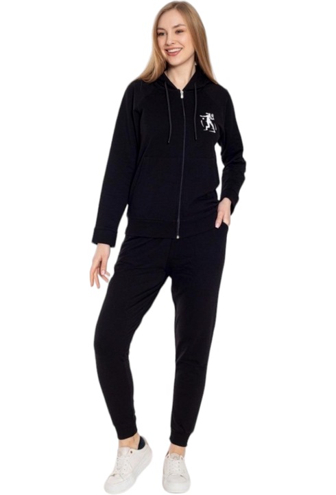 Trening dama, StarFashion, bluza cu fermoar, gluga si pantaloni lungi, bumbac, Negru
