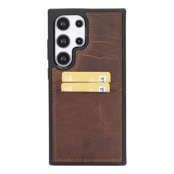 Капак за Samsung Galaxy S24 Ultra, Bouletta Flex Cover CCP, тънка естествена кожа, мека TPU рамка, заден капак с джобове за карти, Антично кафяво