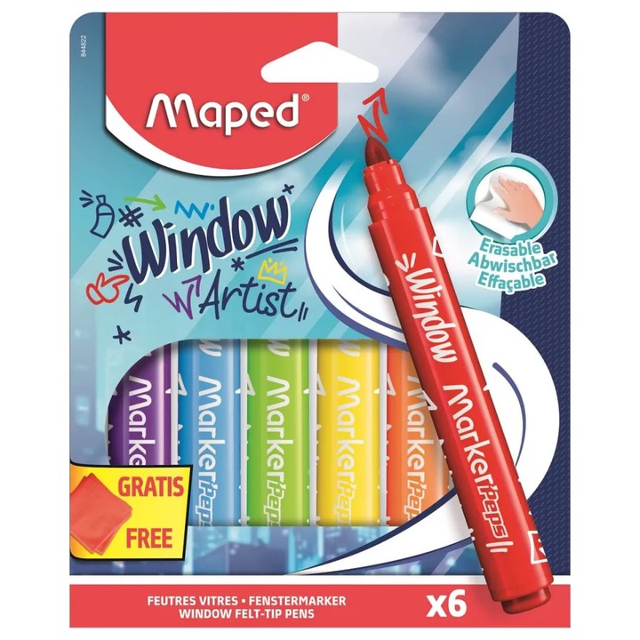 Set de pasla pentru fereastra Maped Marker`Peps gros cu servetele, 5 mm, 6 culori