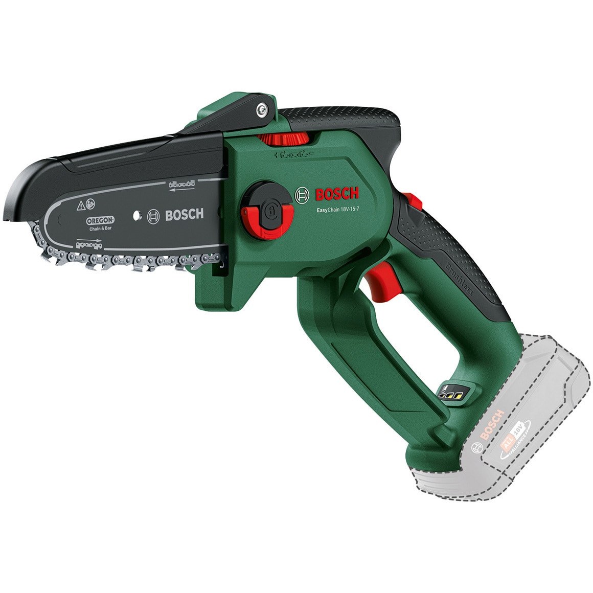 Minifierastrau cu lant pe acumulator Bosch EasyChain 18V-15-7, 18 V, 15 cm lungime lama, 6.95 m/s viteza lant, 0.325 inch distribuire lant, taiere diametru maxim 13 cm,sistem lant