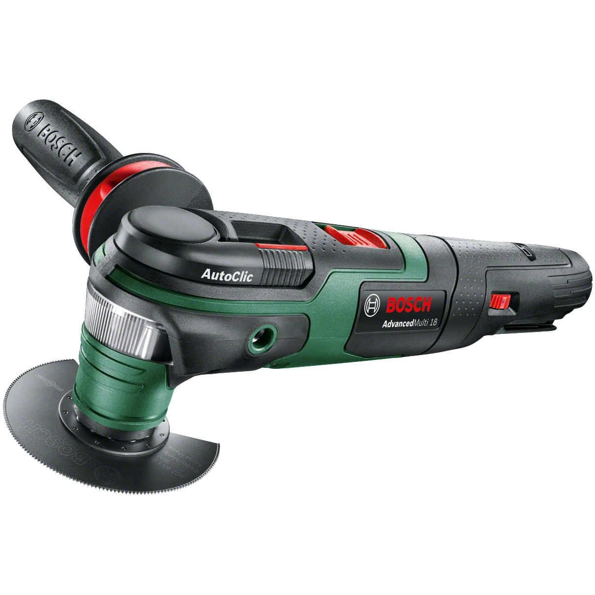 Unealta multifuncționala pe acumulator Bosch AdvancedMulti 0603104000, 18 V, 20.000 RPM, 2.8° oscilatie, panza fierastrau segmentata ACZ 85 EB, panza fierastrau ACZ 85 EB, maner cu