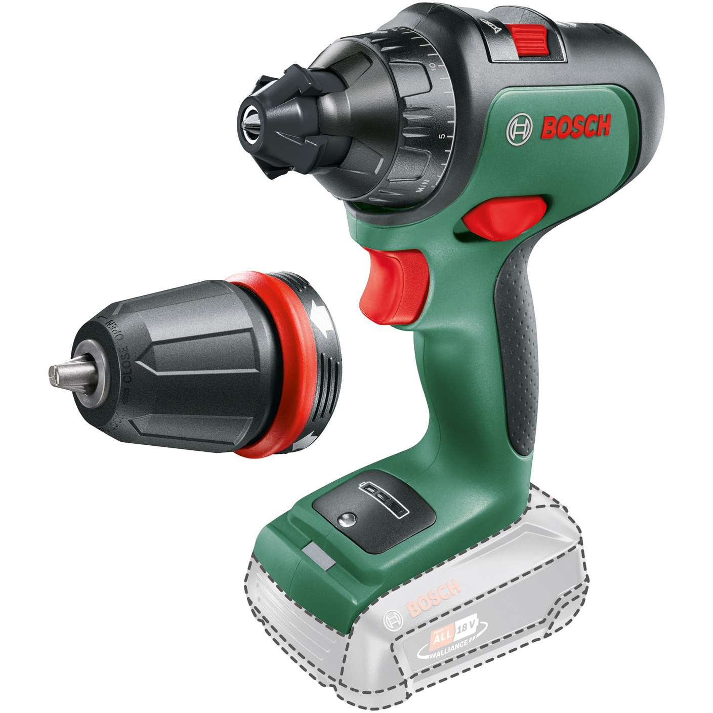 Masina de gaurit si insurubat (bormasina) pe acumulator Bosch AdvancedDrill 06039B5009, 18 V, 1350 RPM, 42 Nm cuplu maxim, 35 mm diametru maxim gaurire, adaptor mandrina, cap surub
