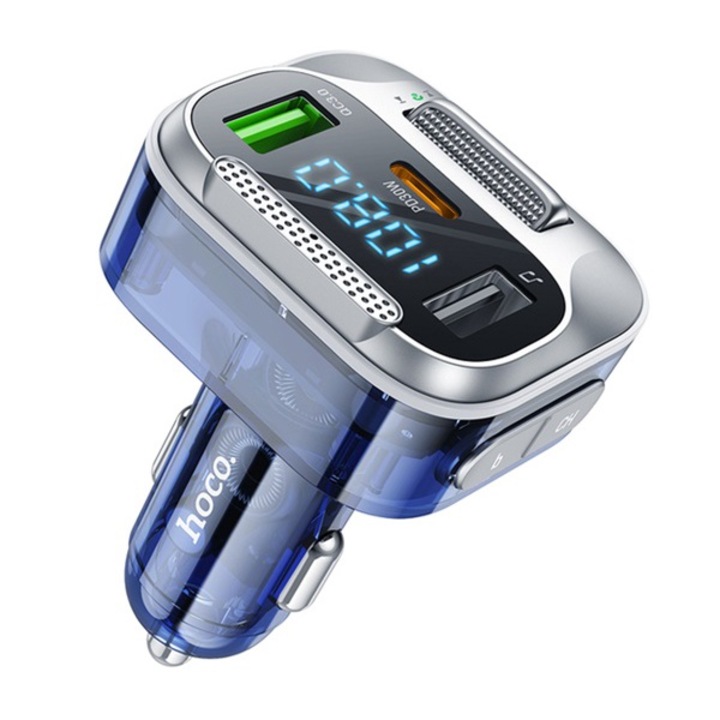 Incarcator Auto cu Modulator FM, porturi USB-C PD30W + USB-A 18W QC3.0 + conector Jack 3.5mm si USB port media, Albastru (Hoco E75)