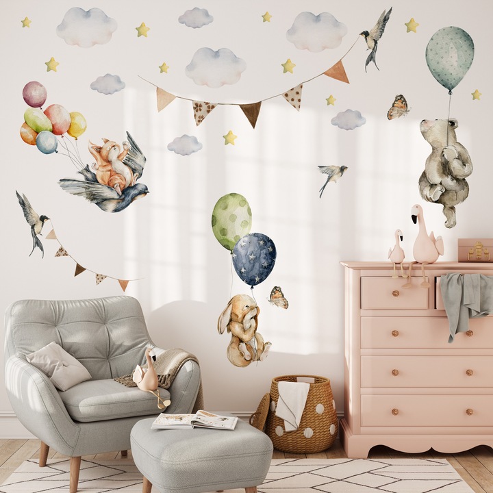 Autocolante Muralo animale dragute, baloane colorate 60 cm x 30 cm decor pentru camera unui copil