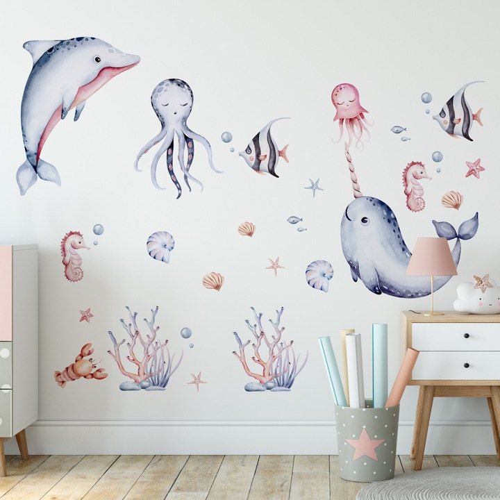 Muralo matricák mesebeli tengeri állatok 60 cm x 30 cm édes polip, gyerekszoba dísze