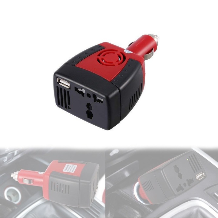 Invertor de tensiune auto, DC 12V la AC 220V,150W, Adaptor priza EU/UK/USA/AU si USB 2.1, Rosu/Negru