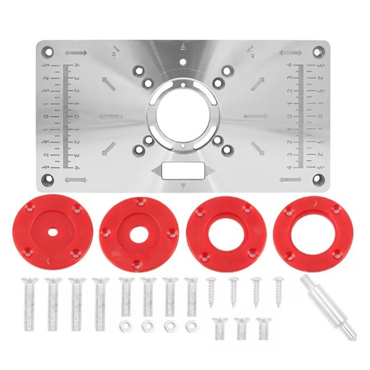 Placa inserare masa de frezat cu inele, Aluminiu, Rezistent la rugina si durabil, Design cu scara de dimensiuni duble, Mai usor de lucrat, pentru freze pentru prelucrarea lemnului