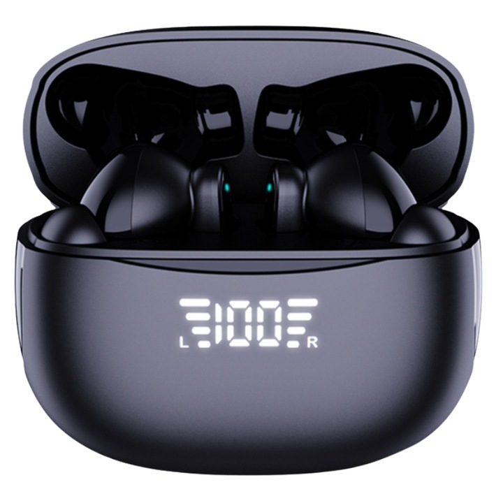 Vezeték nélküli fülbe helyezhető fejhallgató, TWS, Bluetooth 5.3, HD mikrofon, hangasszisztens, led kijelző, gyorstöltés, 24 órás autonómia, érintésvezérlés, sport, univerzális kompatibilitás, fekete