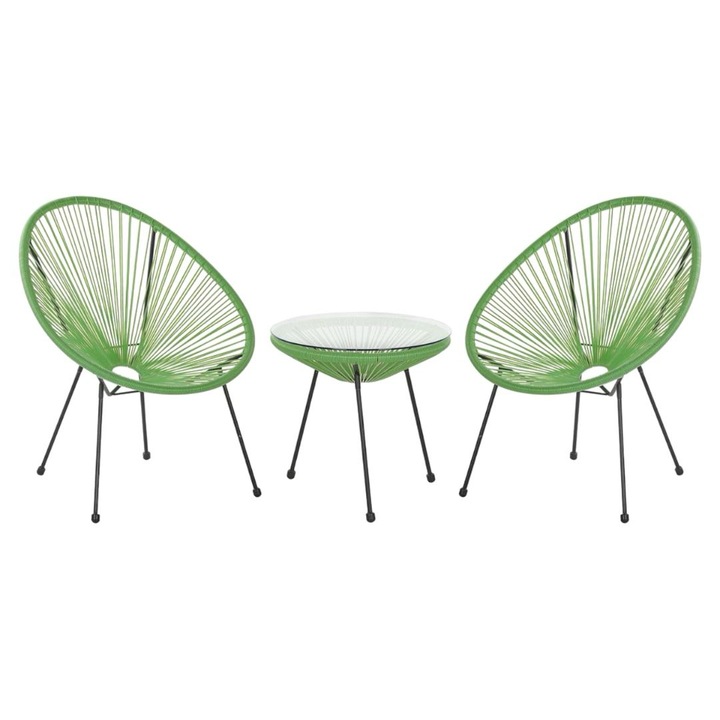 Set mobilier gradina, terasa, balcon, Acapulco, 2 scaune si o masa cu blat de sticla, din metal si ratan artificial, verde