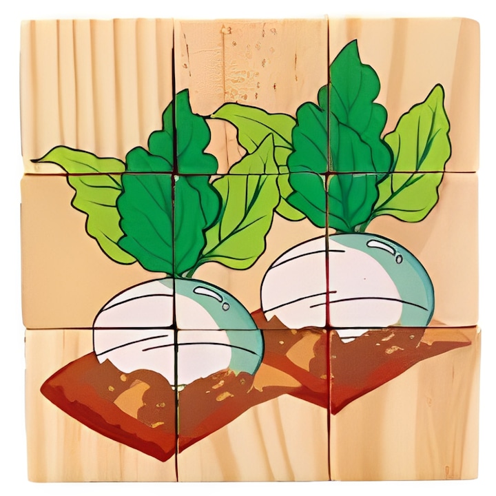 Montessori oktató 3D kocka puzzle 6 lappal, sütőtök, uborka, paradicsom, padlizsán, paprika és uborka, Onore, tarka, fa, 10 x 10 x 3,5 cm, 9 darab