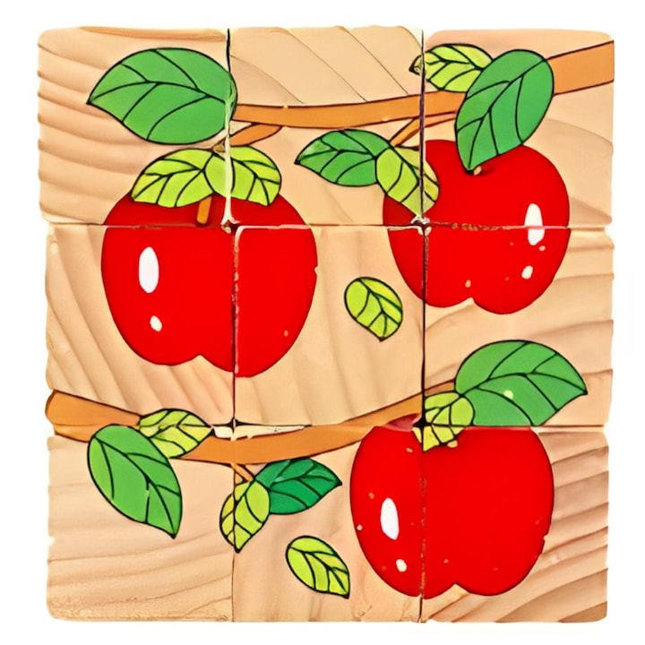 Montessori oktató 3D kocka puzzle 6 lappal, eper, szőlő, alma, ananász, sárkánygyümölcs és dinnye, Onore, tarka, fa, 10 x 10 x 3,5 cm, 9 darab