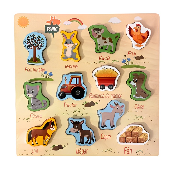 Монтесори образователен пъзел с домашни животни и трактор с ремарке, Onore, многоцветен, дърво, 30 x 30 см, 12 части, имена lb. румънски