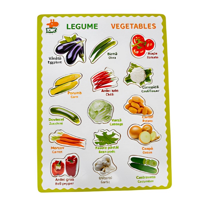 Montessori betétes oktatási puzzle zöldségekkel, Onore, tarka, fa, 30 x 22,5 cm, 15 db, nevek lb. angol és román