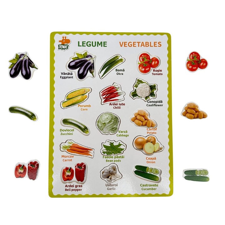 Puzzle educativ incastru Montessori cu legume, Onore, multicolor, lemn, 30 x 22.5 cm, 15 piese, denumiri lb. engleza si romana
