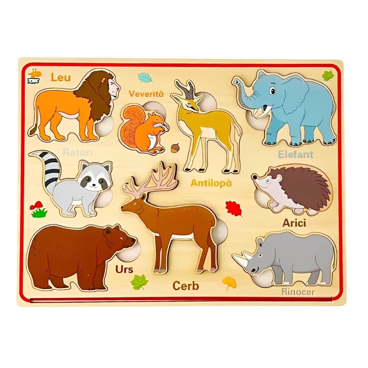 Puzzle educativ magnetic incastru Montessori cu animale salbatice, Onore, multicolor, lemn, 30 x 22.5 cm, 9 piese, denumiri lb. romana