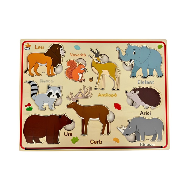 Образователен Монтесори магнитен пъзел с диви животни, Onore, многоцветен, дърво, 30 x 22,5 см, 9 части, имена lb. РУМЪНСКИ