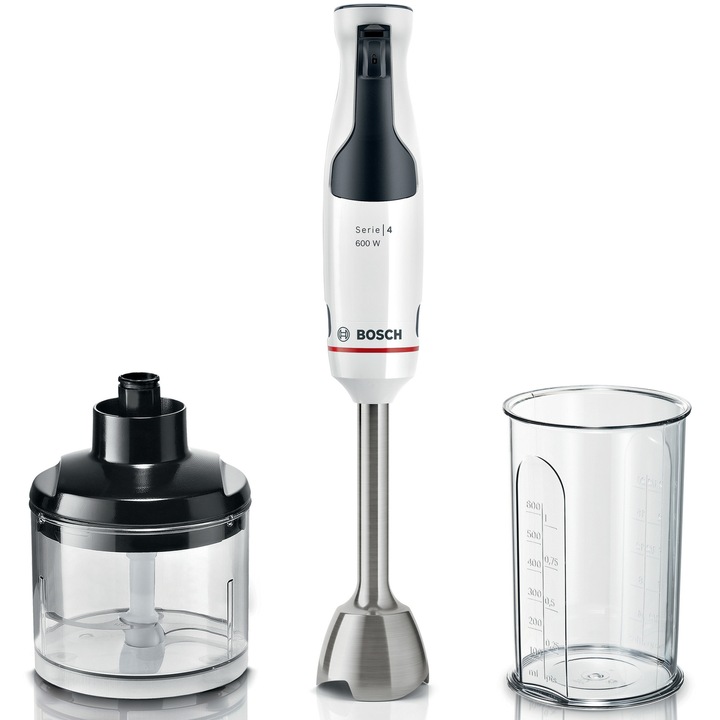 Вертикален пасатор Bosch ErgoMaster MSM4W220, 600 W, Мини чопър, Градуирана кана, Нож QuattroBlade System с 4 остриета, Черен/Сребрист