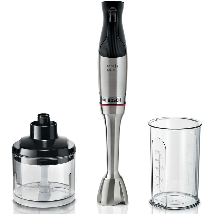 Пасатор Bosch ErgoMaster MSM6M820, 1200 W, Неръждаема стомана, Мини чопър, Градуиран съд, Нож QuattroBlade System Pro, 4-странно въртящо се острие, Черен/Сребрист